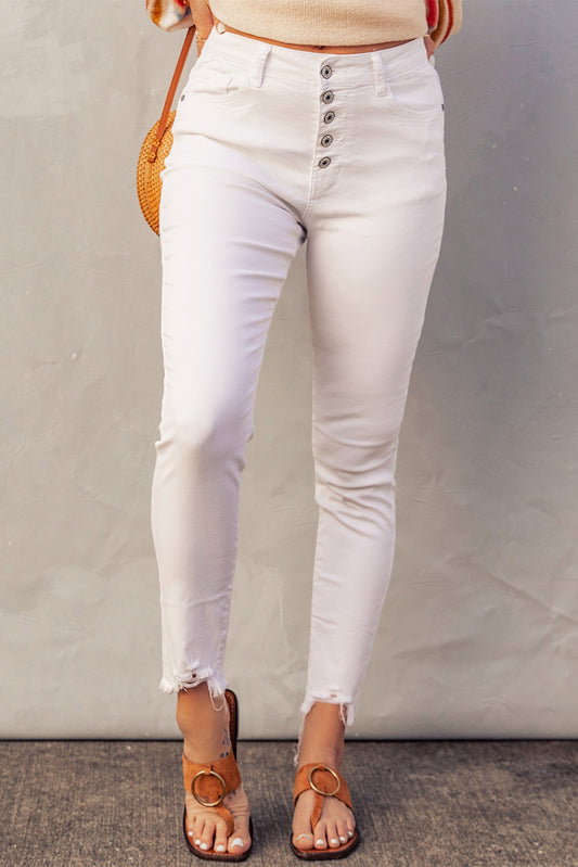 White Plain High Waist Buttons Frayed Cropped Denim Jeans