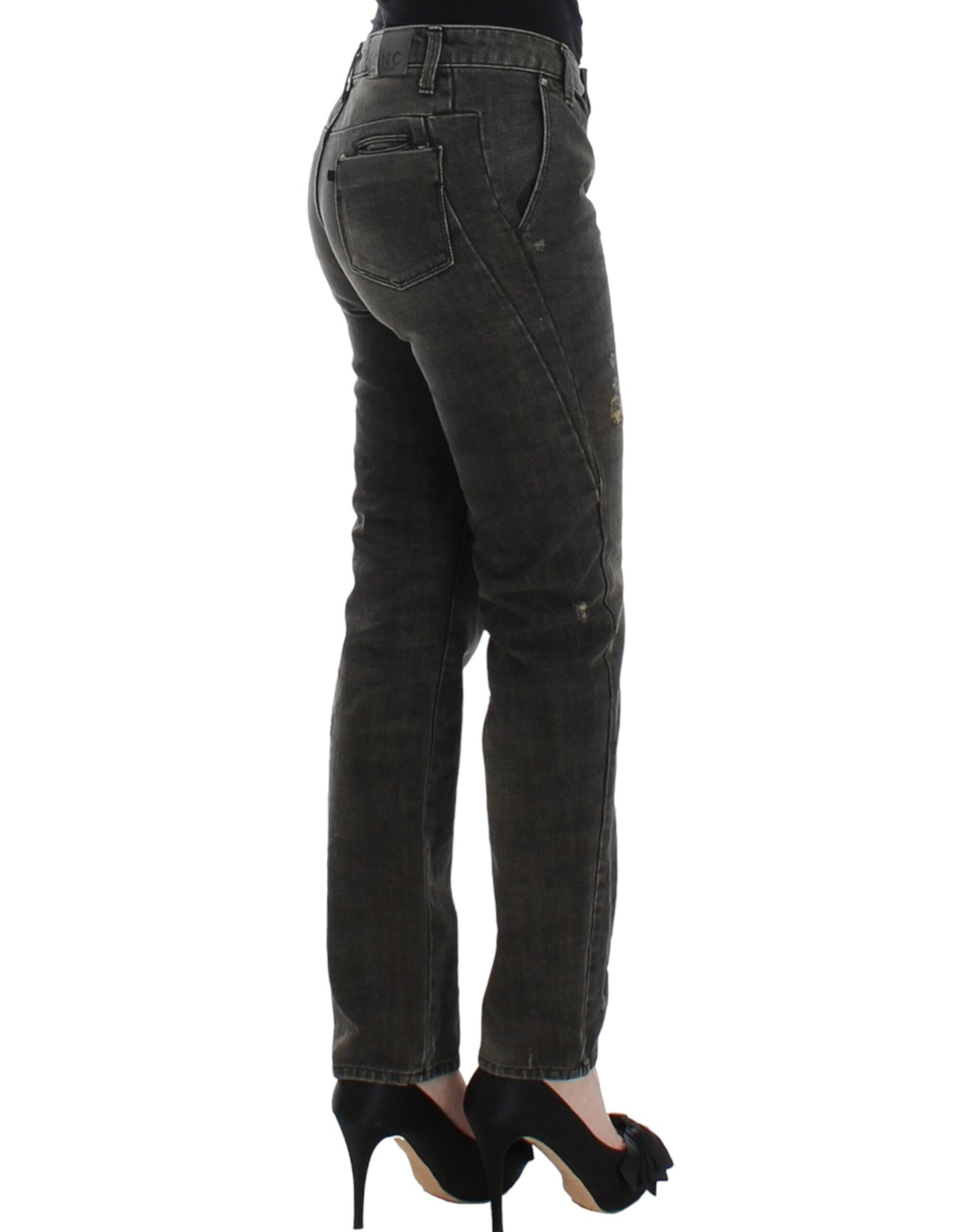 Sleek Gray Straight Leg Distressed Jeans