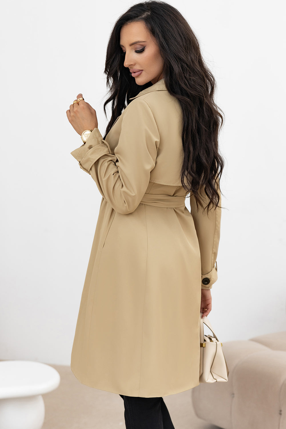 Pale Khaki Solid Color Lapel Collar Waist Tie Wind Coat