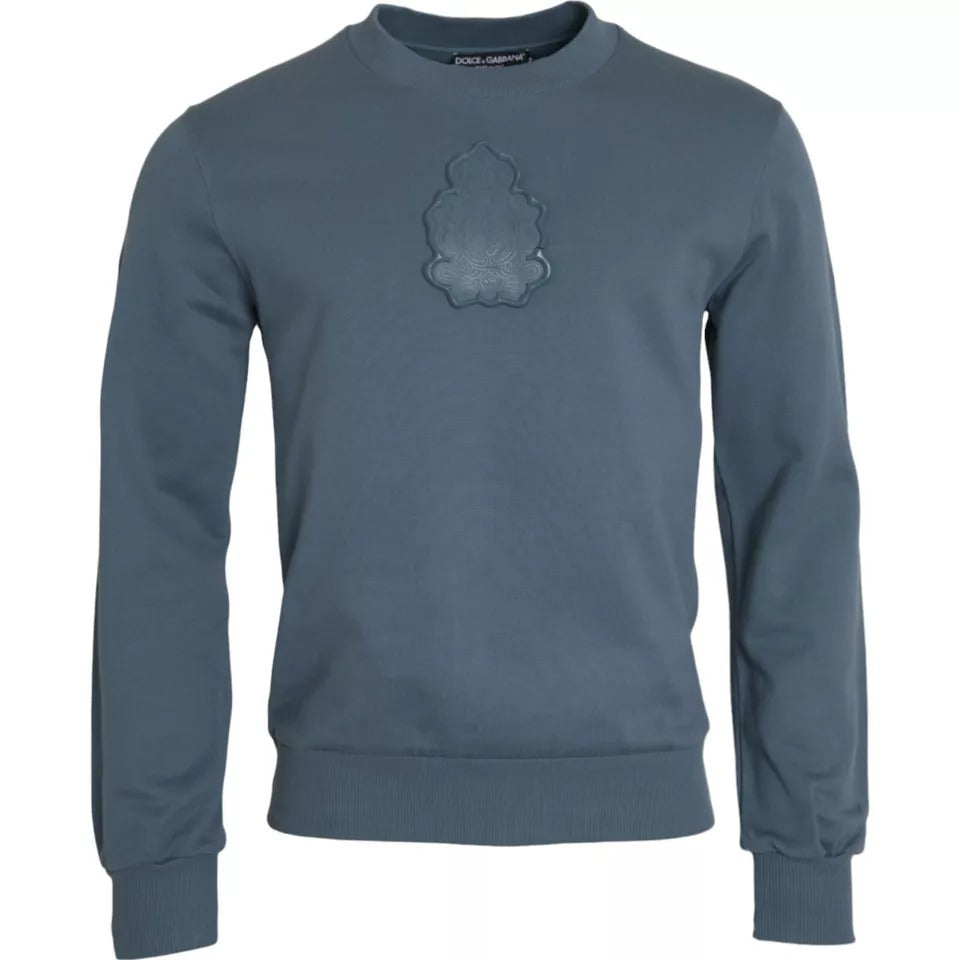 Blue Cotton Logo Patch Crew Neck Men Pullover Sweater