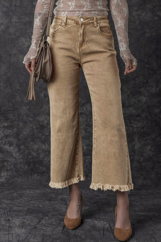 Light French Beige Acid Washed High Rise Cropped Wide Leg Jeans