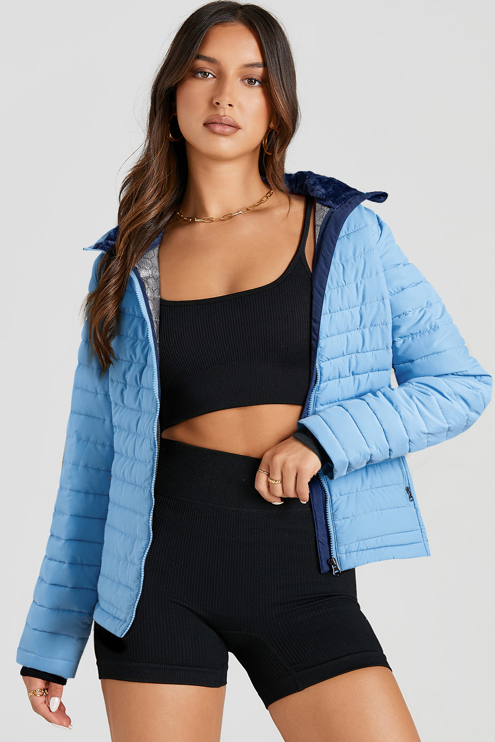 Myosotis Solid Color Quilted Zip-up Puffer Jacket